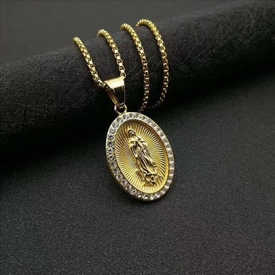 Gold Plated Virgin Mary Necklace Gold Chain Pendant Necklace for Men Women Virgen De Guadalupe Necklace,24In