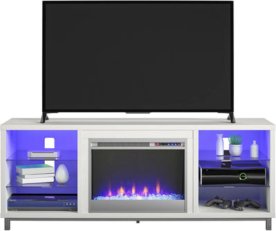 Ameriwood Home Lumina Fireplace TV Stand for Tvs up to 70 Inch, Replaceable Electric Fireplace Insert Heater, Remote Control, Timer, Color Changing LED Lights, Crystal Ember Flames, White