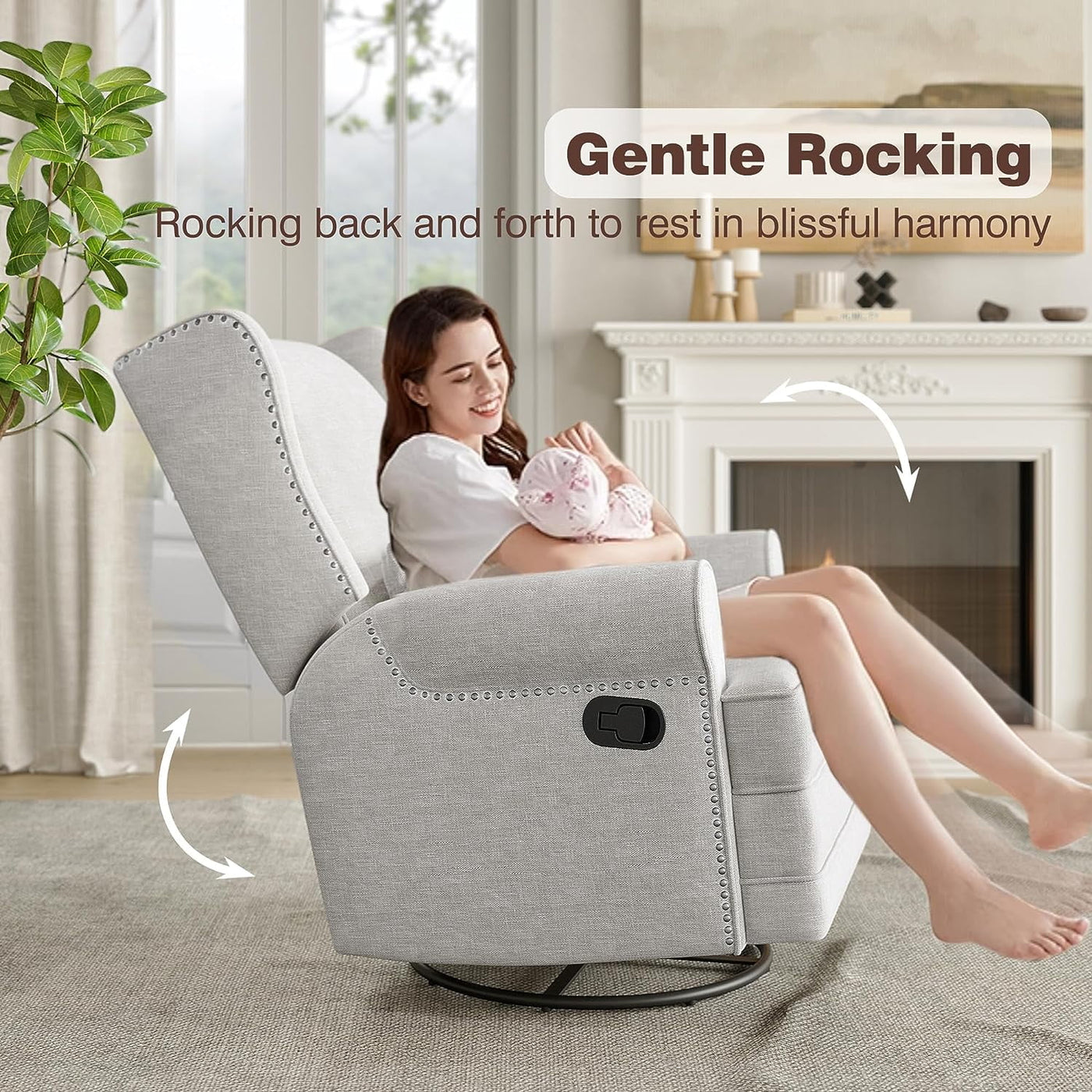 Swivel Nursery Glider Recliner, Comfy Upholstered Glider Chair with Lumbar Pillow and Footres, Grey