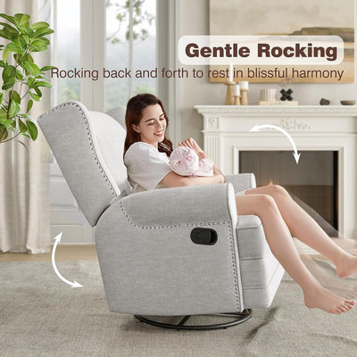 Swivel Nursery Glider Recliner, Comfy Upholstered Glider Chair with Lumbar Pillow and Footres, Grey