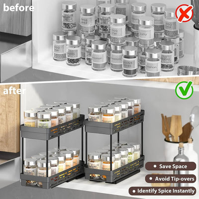 2 Packs Pull-Out Spice Rack Organizer for Cabinets, Slide-Out Design, Multi Purpose Kitchen Cabinet Organizer, Black