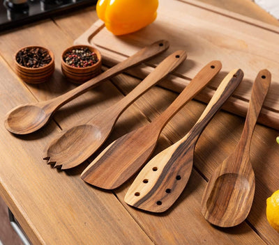 Walnut Handmade Wooden Spoons Heavy Duty Spatula Short Angled - 5Pcs 