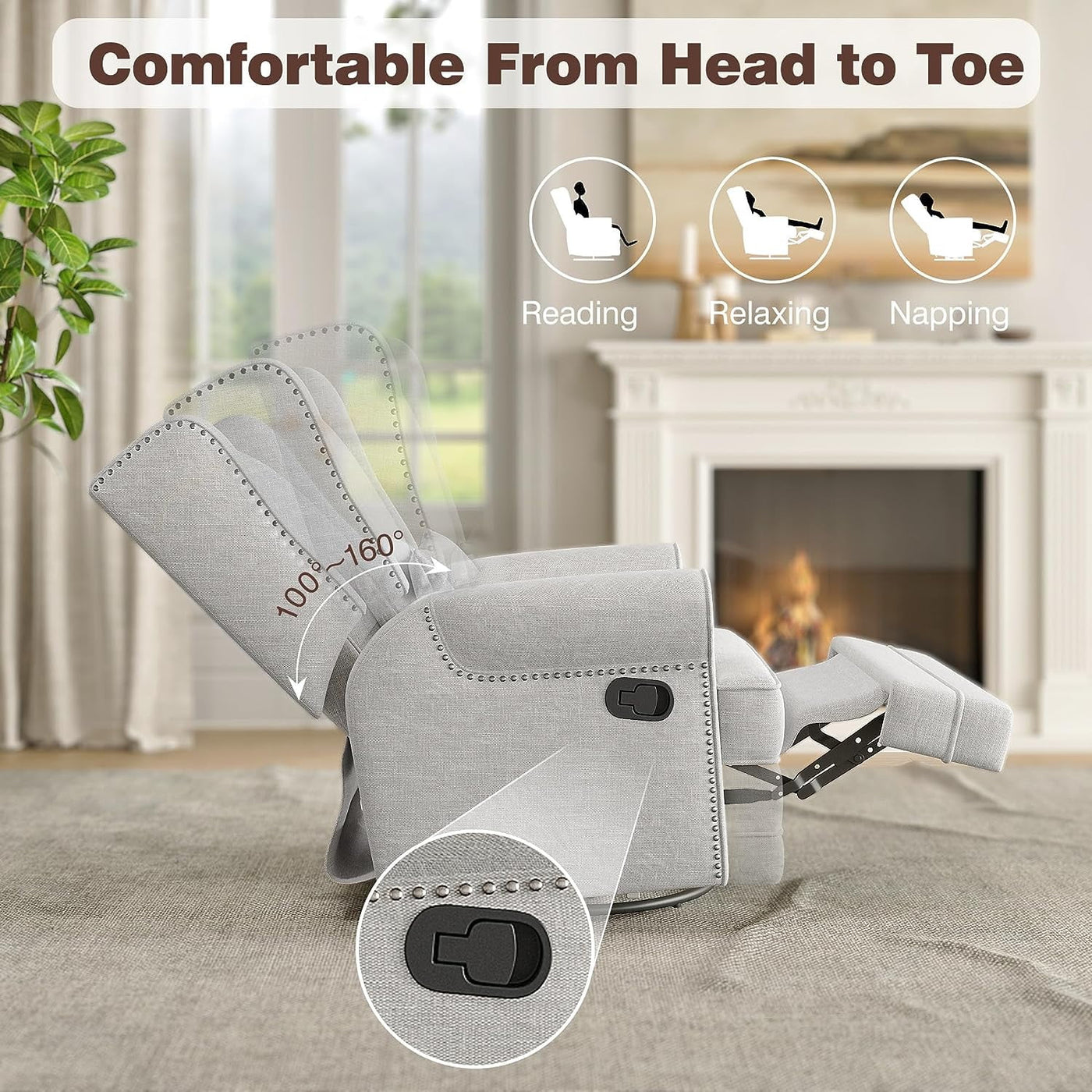 Swivel Nursery Glider Recliner, Comfy Upholstered Glider Chair with Lumbar Pillow and Footres, Grey