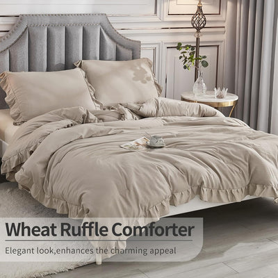 Andency Wheat Ruffled Comforter King(104X90Inch), 3 Pieces