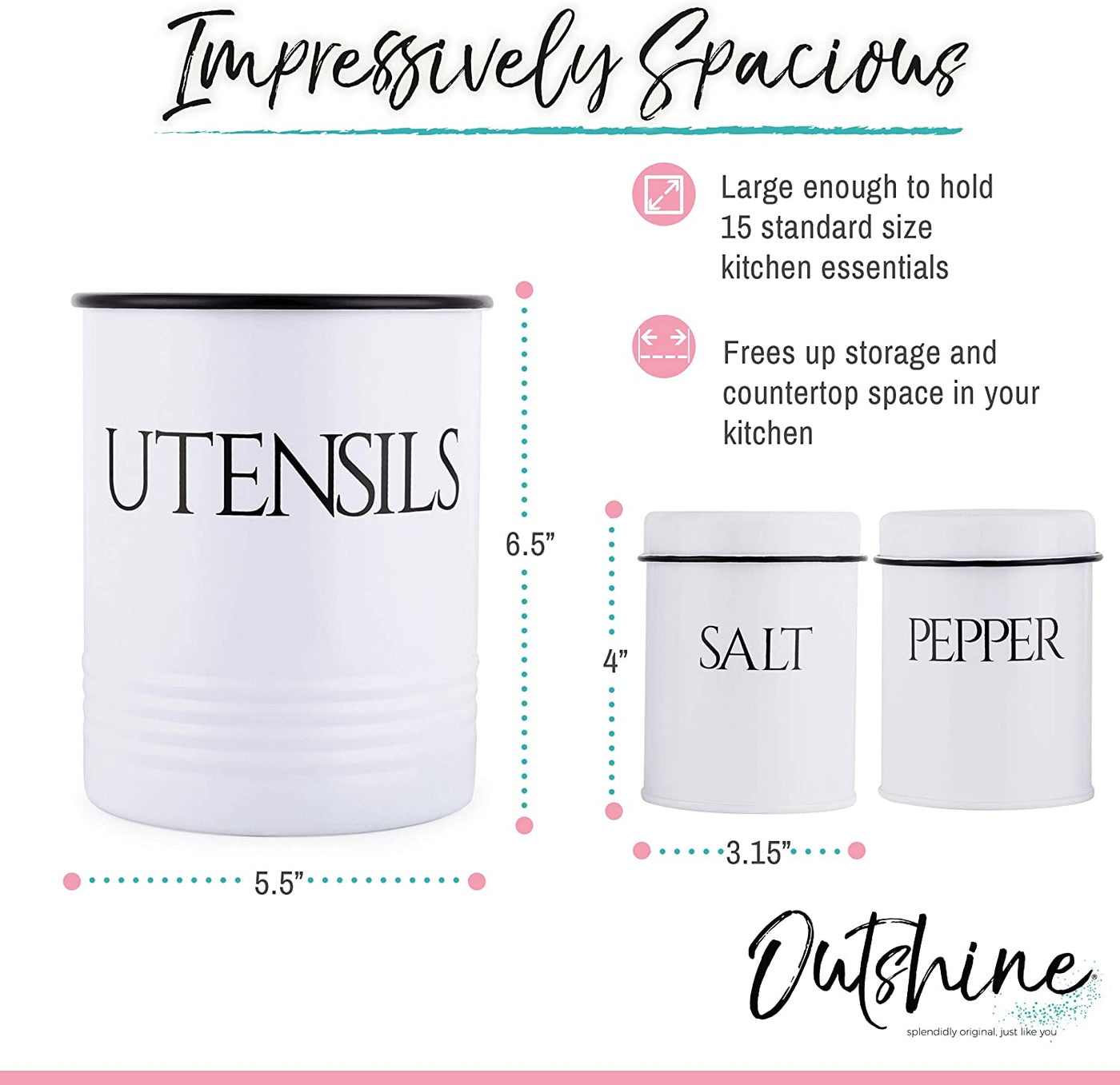 OUTSHINE Large Kitchen Utensil Holder and Farmhouse Decor with Matching Salt and Pepper Shakers, White  
