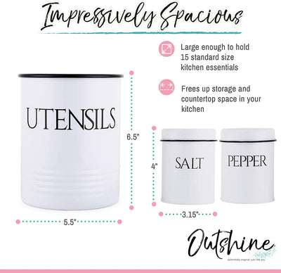 OUTSHINE Large Kitchen Utensil Holder and Farmhouse Decor with Matching Salt and Pepper Shakers, White  