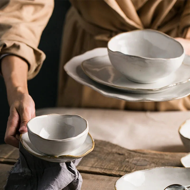 Quality Tableware Nordic Household Ceramics Irregular Shape Rice Salad Bowls Flat Dishes Shallow Desserts Dishes Plate