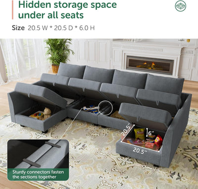 HONBAY Modular Sectional Sofa U Shaped Sectional Couch with Reversible Chaise Modular Couch with Storage, Bluish Grey