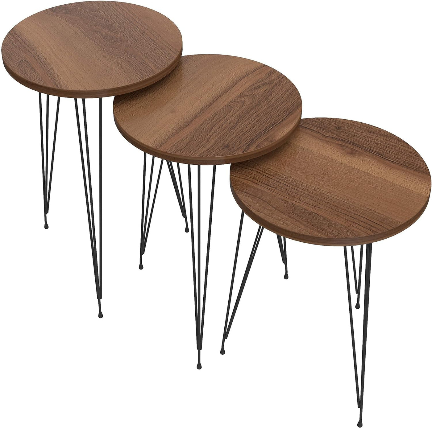 PAK HOME Set of 3 Walnut Nesting End Tables round Wood Stacking Coffee Side Accent Table with Metal Legs for Living Room, Home Office, Nightstands for Bedroom