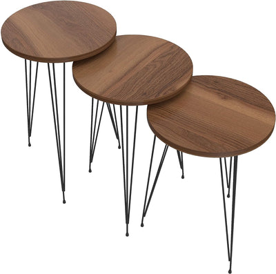 PAK HOME Set of 3 Walnut Nesting End Tables round Wood Stacking Coffee Side Accent Table with Metal Legs for Living Room, Home Office, Nightstands for Bedroom
