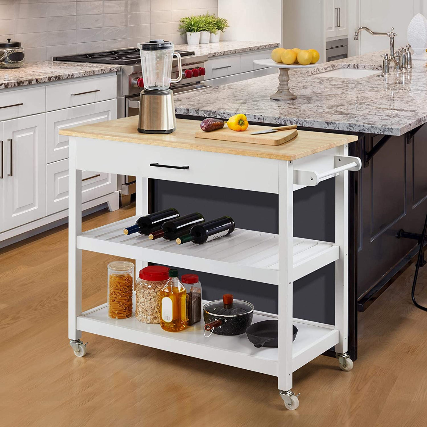 Yaheetech 40" Width Kitchen Island Cart on Wheels, 3 Tiers Rolling Utility Cart with Solid Wood Top and Drawer & 2 Spacious Storage Shelf, Serving Trolley for Dining Room, White