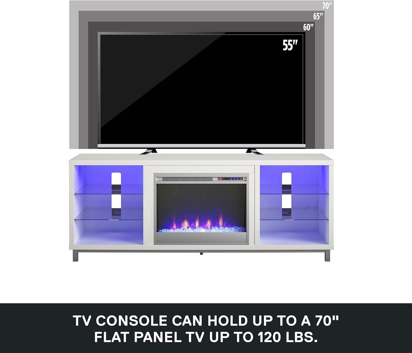 Ameriwood Home Lumina Fireplace TV Stand for Tvs up to 70 Inch, Replaceable Electric Fireplace Insert Heater, Remote Control, Timer, Color Changing LED Lights, Crystal Ember Flames, White