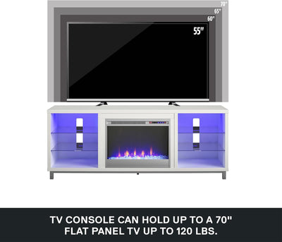 Ameriwood Home Lumina Fireplace TV Stand for Tvs up to 70 Inch, Replaceable Electric Fireplace Insert Heater, Remote Control, Timer, Color Changing LED Lights, Crystal Ember Flames, White