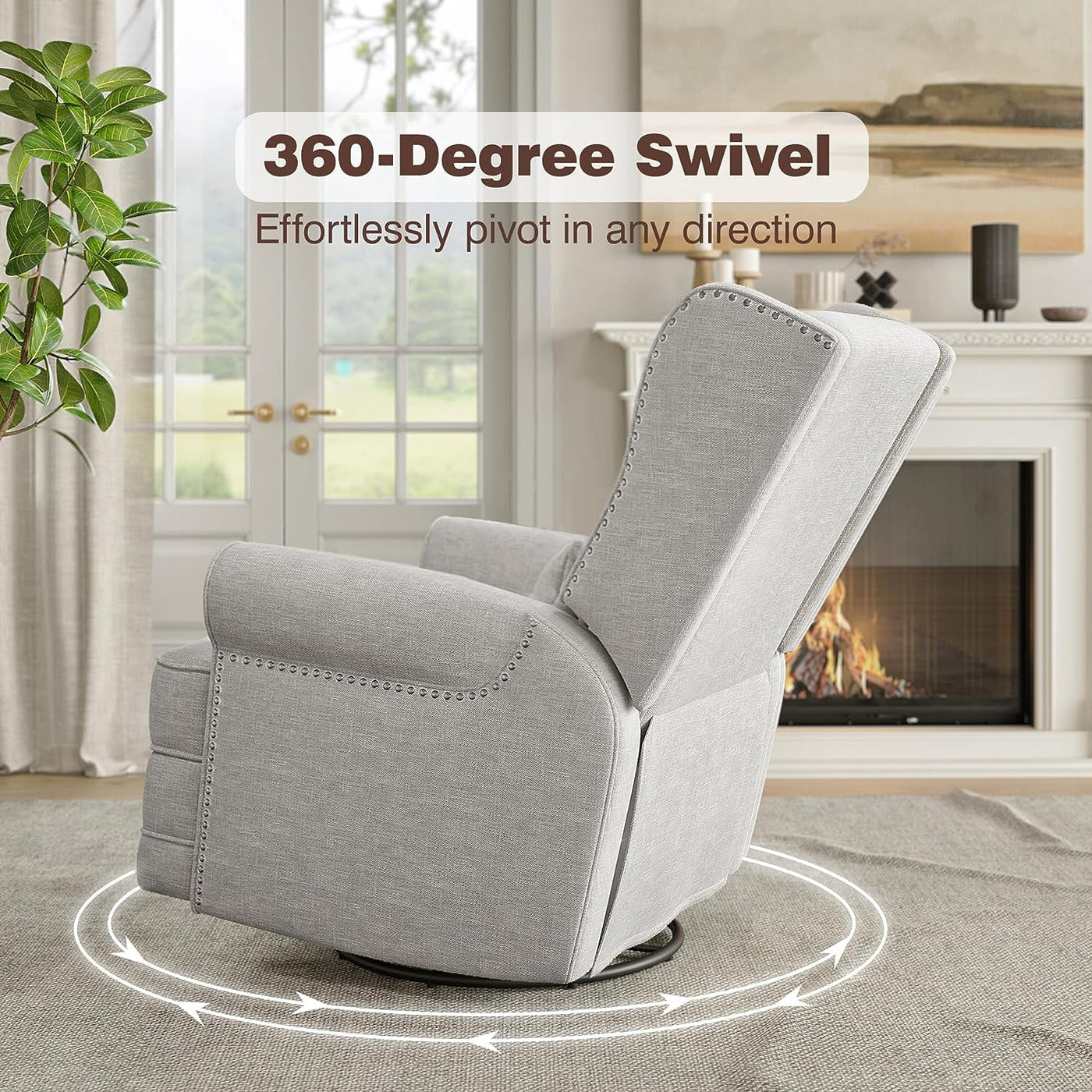 Swivel Nursery Glider Recliner, Comfy Upholstered Glider Chair with Lumbar Pillow and Footres, Grey