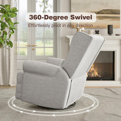 Swivel Nursery Glider Recliner, Comfy Upholstered Glider Chair with Lumbar Pillow and Footres, Grey