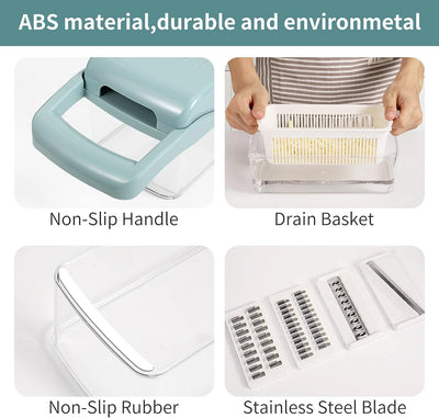 Veggie Chopper with Container, Premium Stainless Steel Vegetable Chopper, 7 Blade Options for Efficient Slicing, Durable Food-Grade Components, Time-Saving Kitchen Gadget - Blue