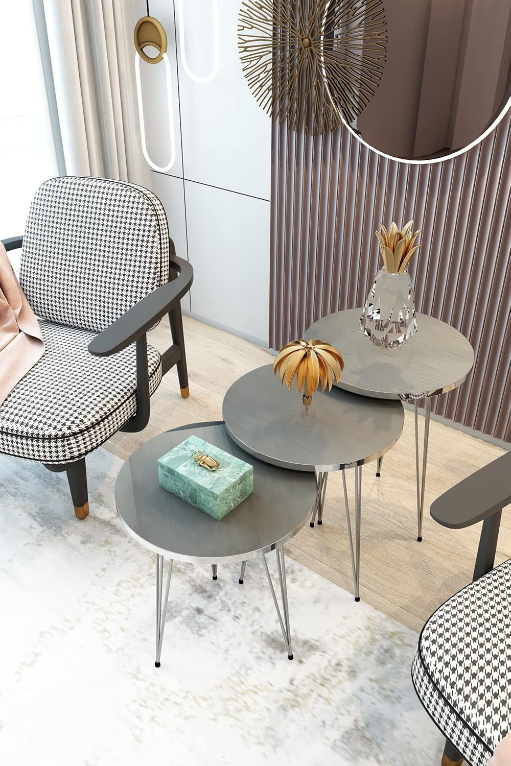 PAK HOME Set of 3 Walnut Nesting End Tables round Wood Stacking Coffee Side Accent Table with Metal Legs for Living Room, Home Office, Nightstands for Bedroom