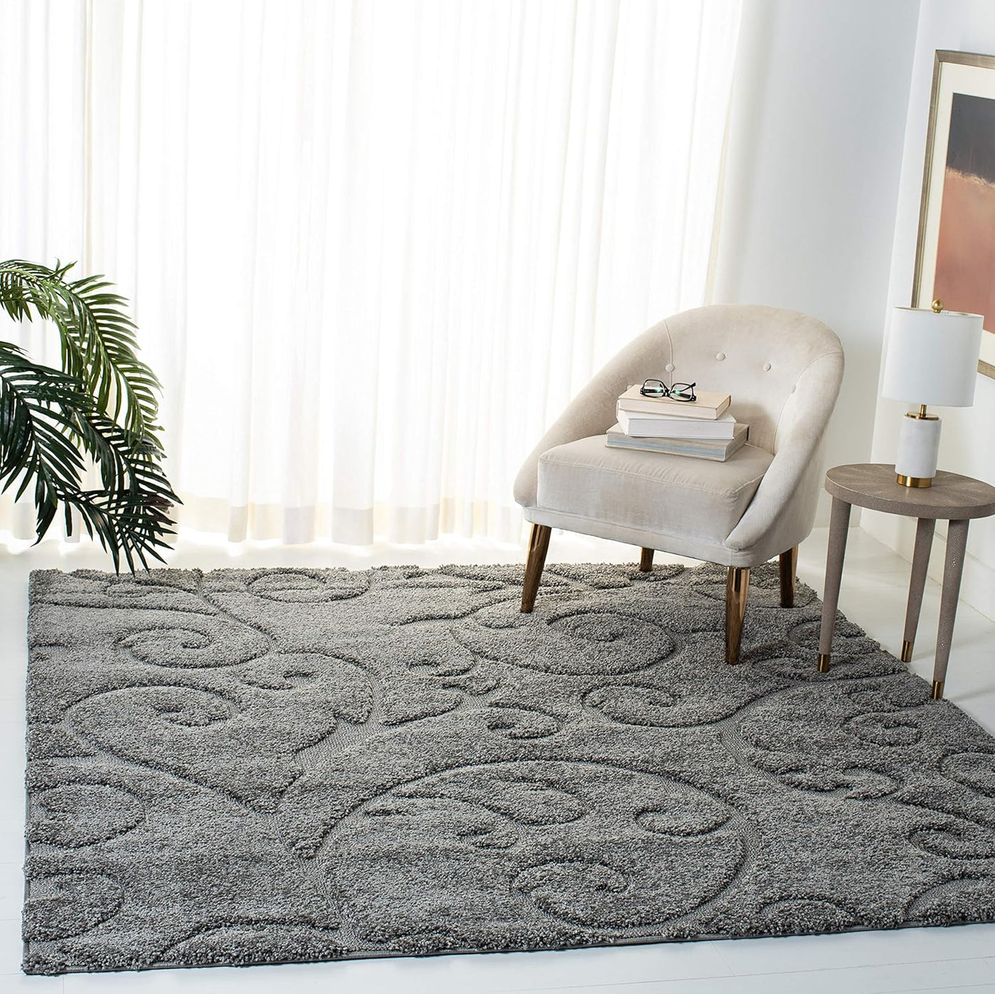 SAFAVIEH Florida Shag Collection Area Rug - 6'7" Square, Grey, Scroll Design, Non-Shedding & Easy Care, 1.2-Inch Thick Ideal for High Traffic Areas in Living Room, Bedroom (SG455-8013)