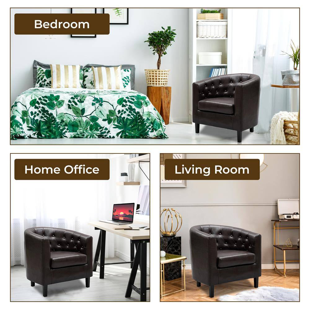 31 In. Espresso Mid-Century Modern Button Tufted Faux Leather Arm Chair