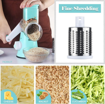 Ourokhome Rotary Cheese Grater Hand Crank, Potatoe Shredder Speed Mandolin Slicer Nut Grinder with Handle and Drum Blades , 3 Blades, Blue