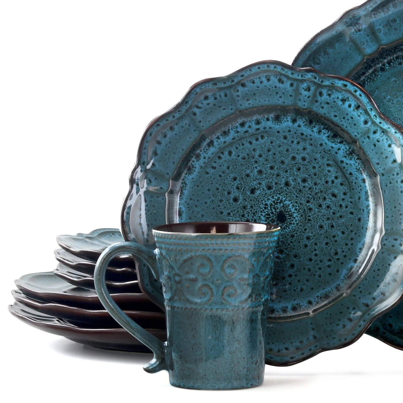 Lavish Blue 16 Piece round Stoneware Dinnerware Set in Blue