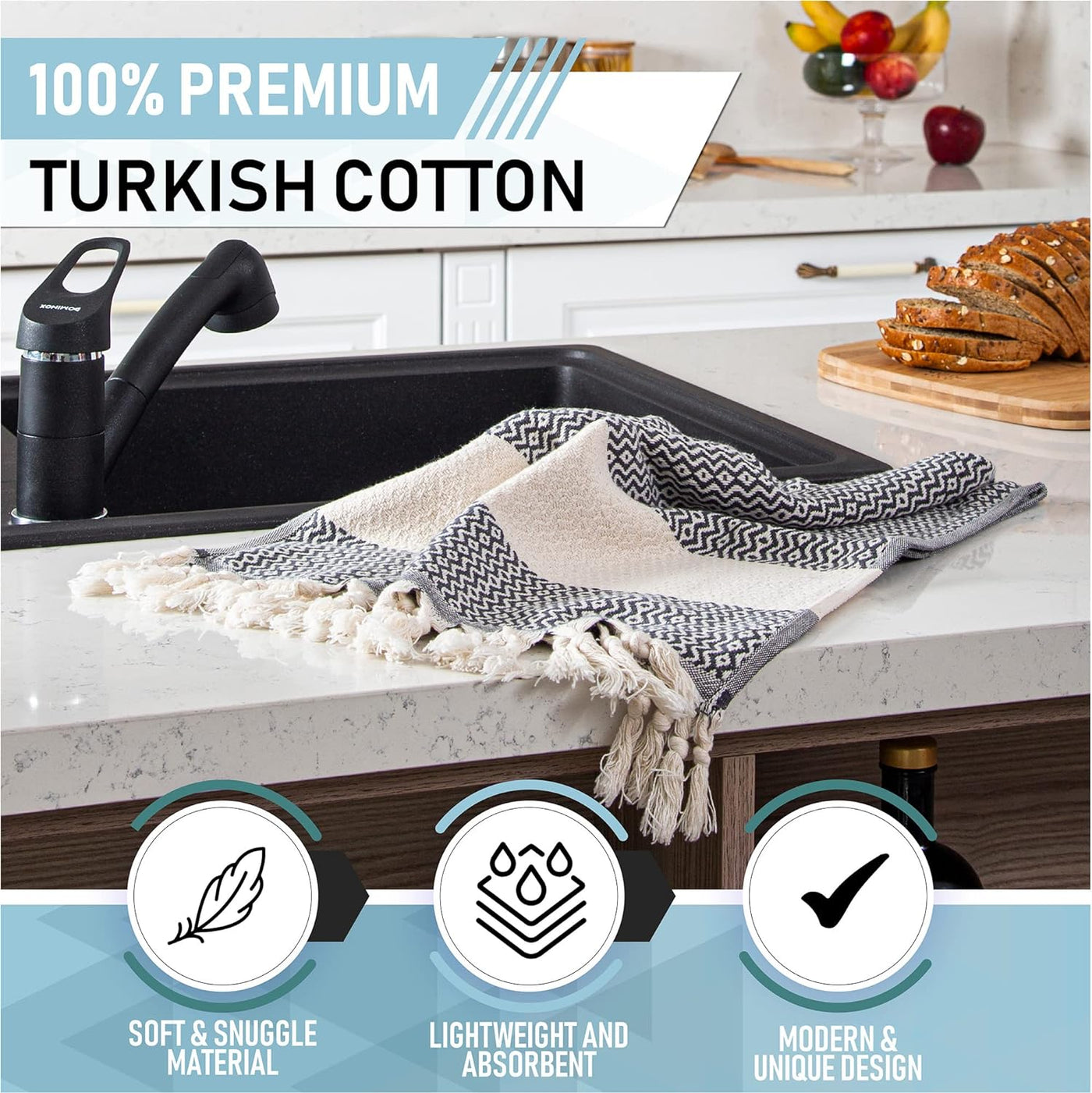 Turkish Hand Towels for Bathroom | 2 Pcs Decorative Bathroom Towels | 100% Cotton Farmhouse Kitchen Towels | 16X35 Boho Hand Towels | Oeko-Tex Certified Dark Gray Hand Towels | by Rumi&Shams