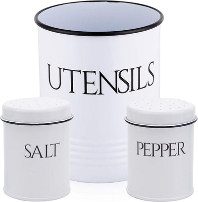 OUTSHINE Large Kitchen Utensil Holder and Farmhouse Decor with Matching Salt and Pepper Shakers, White  